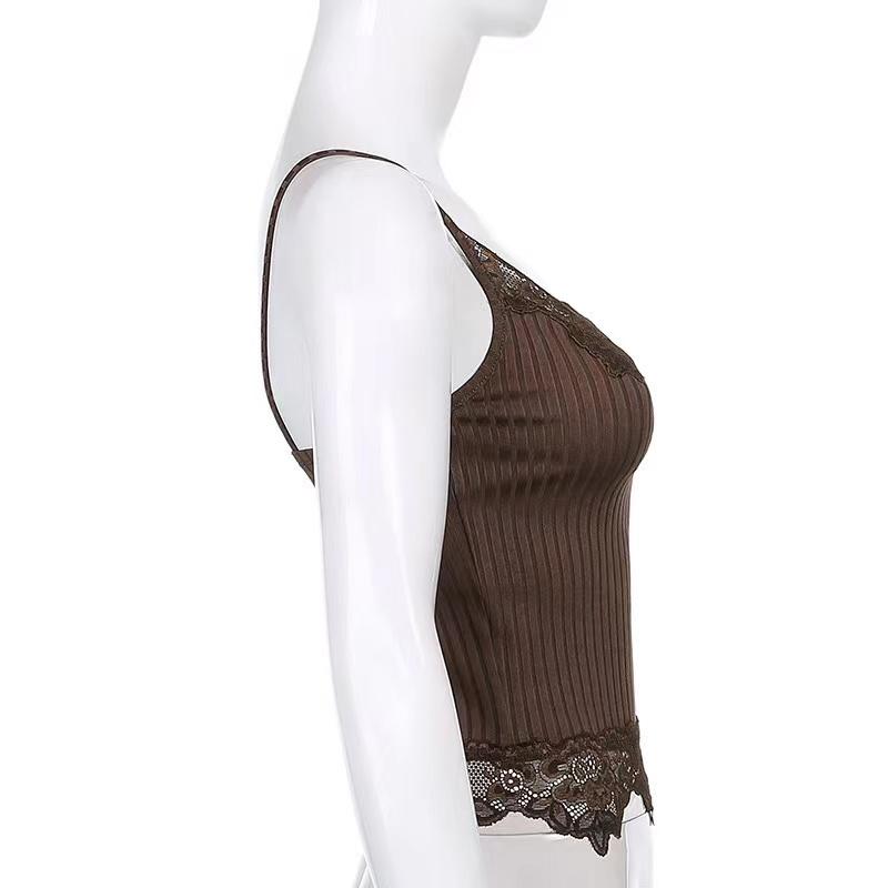 Goth Aesthetic Lace Patchwork Tank Tops For Women Sexy V-Neck Brown Retro Crop Tops Summer  Fashion Casual Camisole