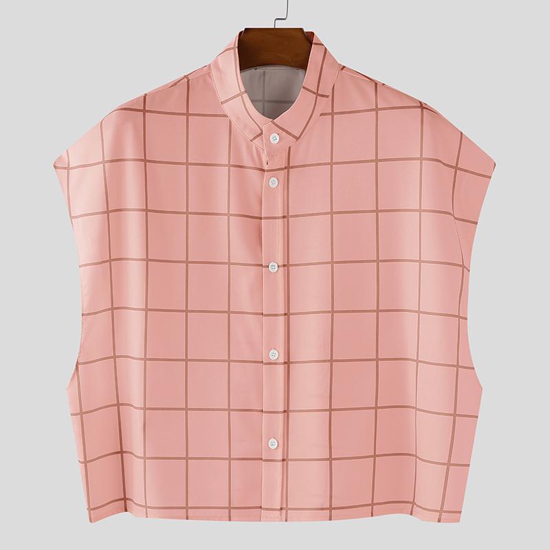 

INCERUN Men Lapel Neck Sleeveless Plaid Print Buttons Casual Loose Cropped Shirts S