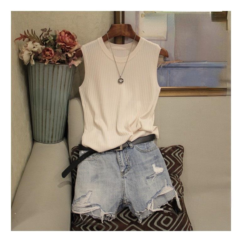 Letní široká ramínka s kulatým výstřihem Módní tenká část Ledová hedvábná pletená vesta bez rukávů Dámské Jednobarevné topy