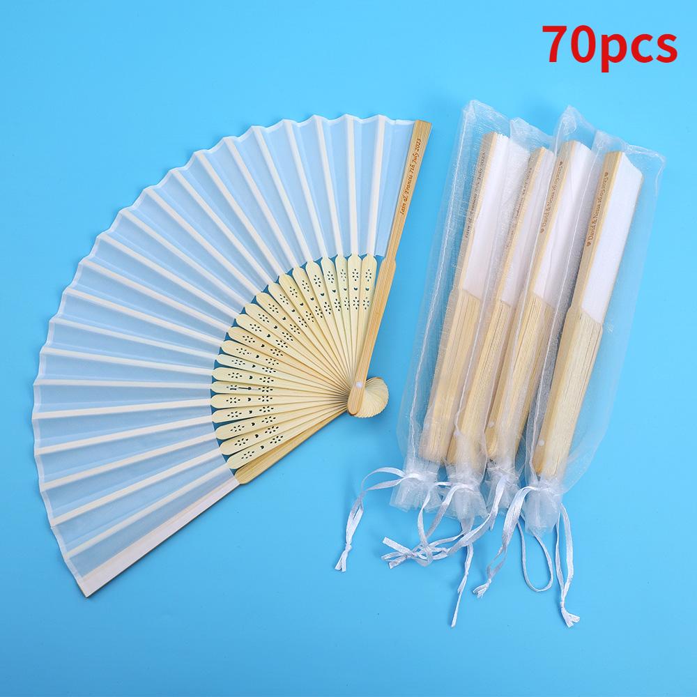 20/70 PCS Personalized Engraved White Folding Elegant Silk Hand Fan with Gift Bag Wedding Favors