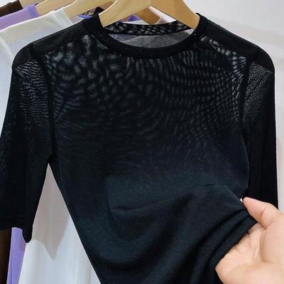 Čierna sieťovaná základná košeľa pre ženy na jar a jeseň Priehľadná tenká šifónová košeľa Čipkované tričko Hodvábny top na leto