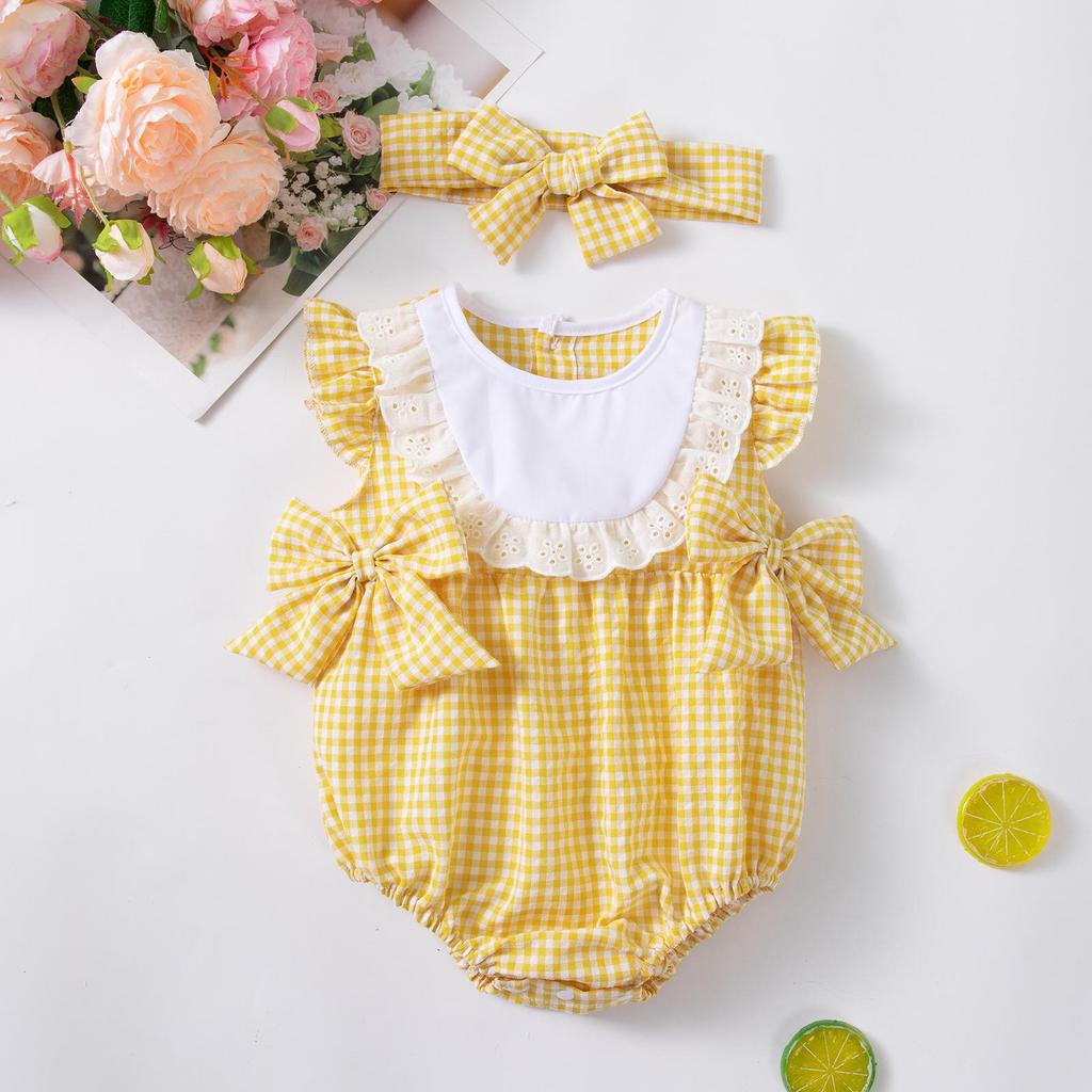 Kombinezon dla dziewczynki z rękawami typu puff, z zapięciem na zatrzaski i zestawem opaski z kokardą