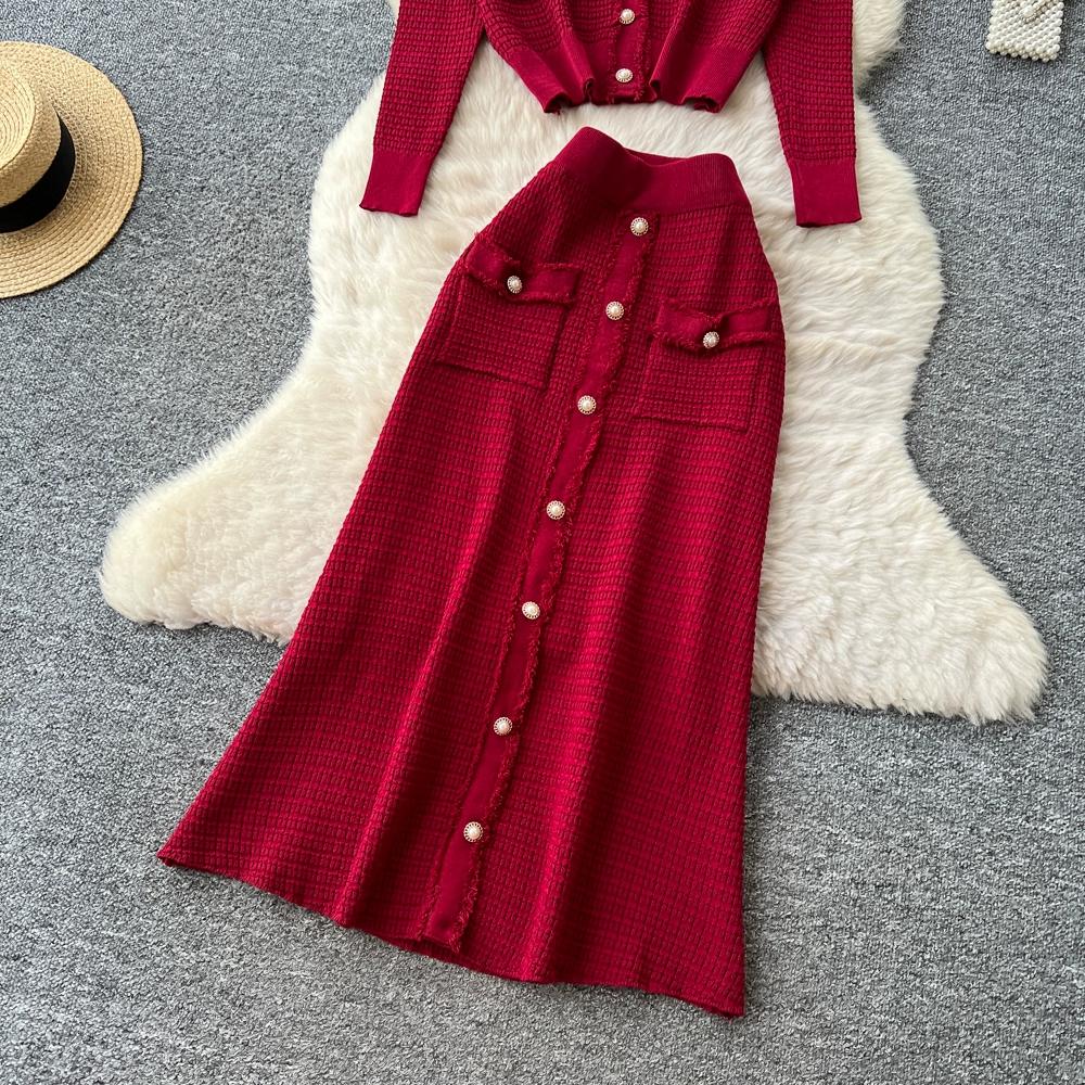 Herbst Winter Damen Strickpullover Zweiteiliges Set Langarm V-Ausschnitt Strickjacken Mantel und Langer Midi A-Linien Rock Outfits