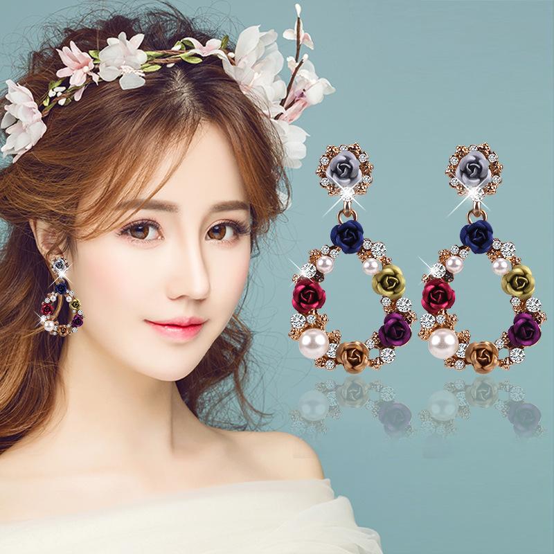 Suijue Jewelry Exotic Ocean Beach Versatile Rose Earrings Women'S Colorful Flower Earrings Jewelry