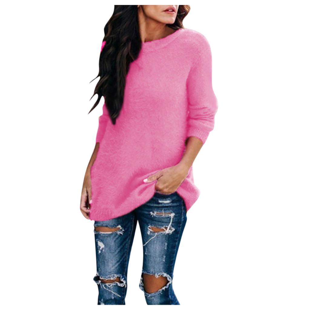 Frauen Damen Mode Winter Plüsch Solide Rundhals Langarm Pullover Bluse