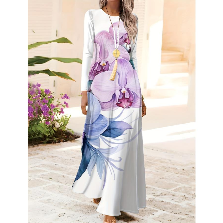 Butterfly Blue Gold Shiny Print Vacation Dress for Women Long Sleeve Round Neck A-Line Midi Dress Summer Beach Party Outfit