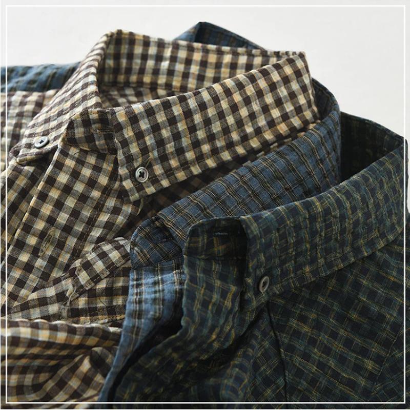 Harajuku Style Short Sleeve Plaid Shirts for Men Summer Casual Tops Button Bubble Shirt Male