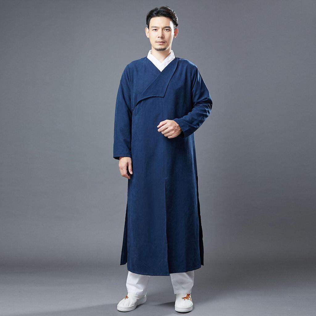 Pánská ležérní lněná košile s dlouhým rukávem v čínském stylu s žabkovými knoflíky - Zenový čajový oblek roucho