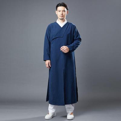 Men's Casual Chinese Style Linen Long Shirt with Frog Buttons - Zen Tea Suit Robe