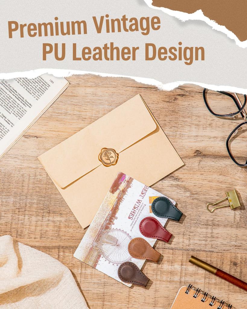 5PCS Vintage-style Magnetic PU Bookmarks and Book Clips, Book Positioning Clips, Suitable for Book Lovers, Teachers, Students