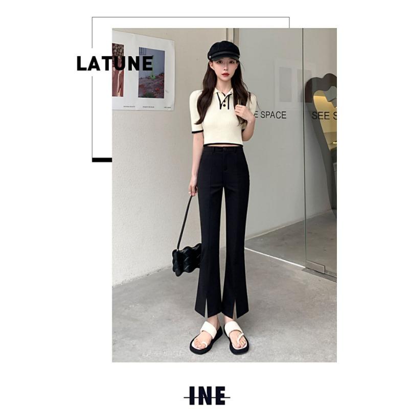 High Waist Split Micro Flared Black Cropped Suit Pants For Women