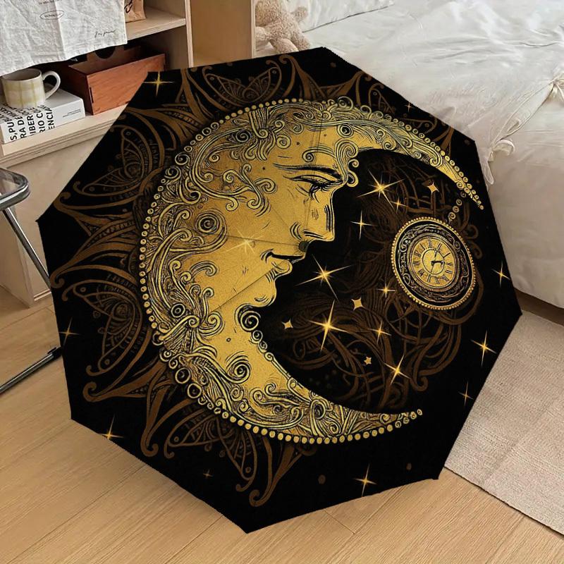 1PC Moon, Clock Pattern Small Travel Compact Windproof Umbrella, Automatic Folding Umbrella, Automatic Open/Close ,Gift-173