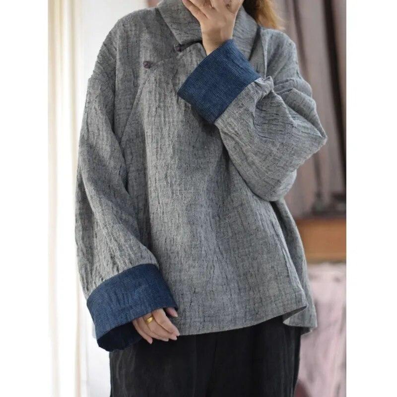 Johnature Linen Lapel Vintage Style Loose Shirt Autumn Woman Long Sleeves Splicing Contrast Color Shirt