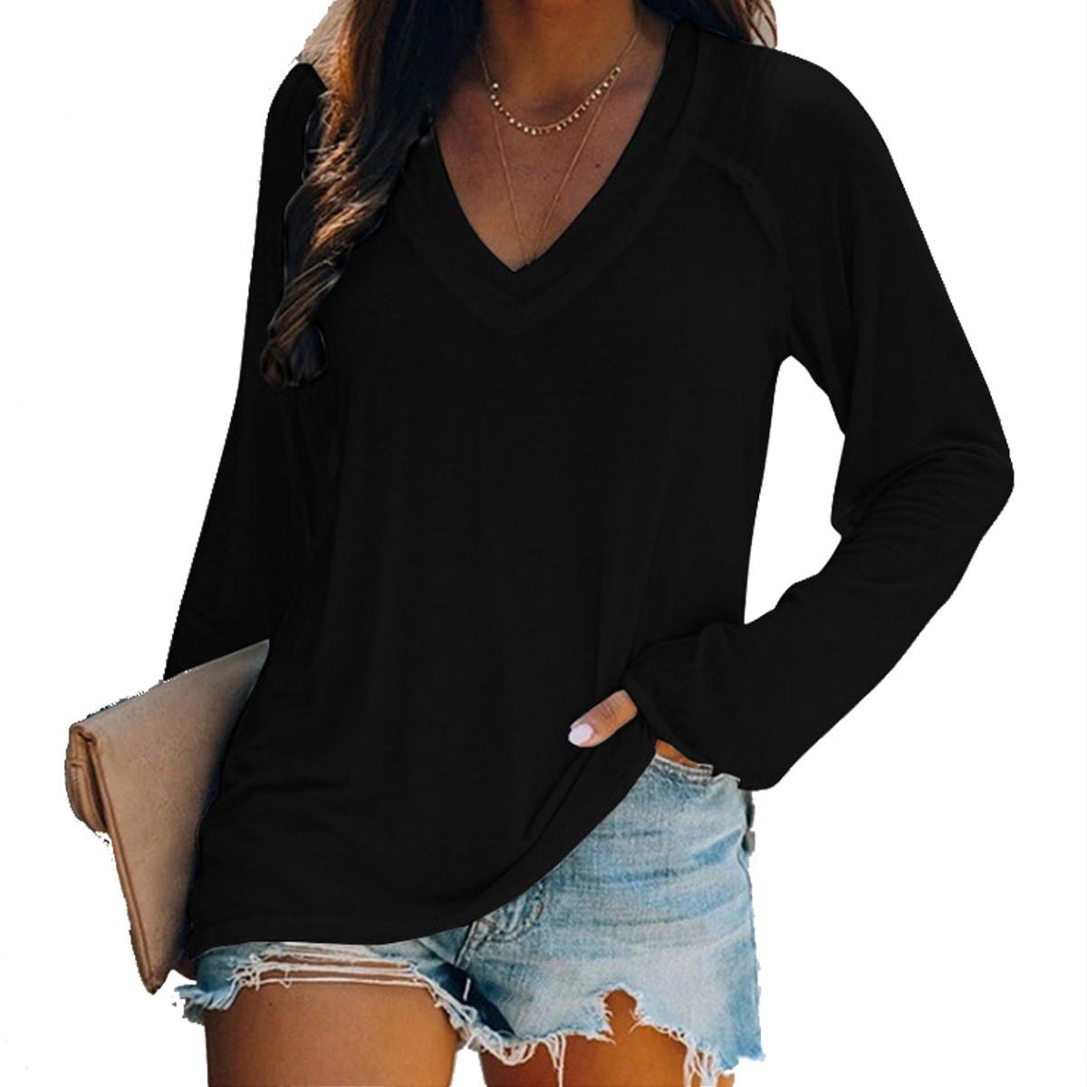 Women s Plain V Neck Tops T-Shirt Plus Size Long Sleeve Winter Loose Casual Tee Blouse Shirts XXL чёрный