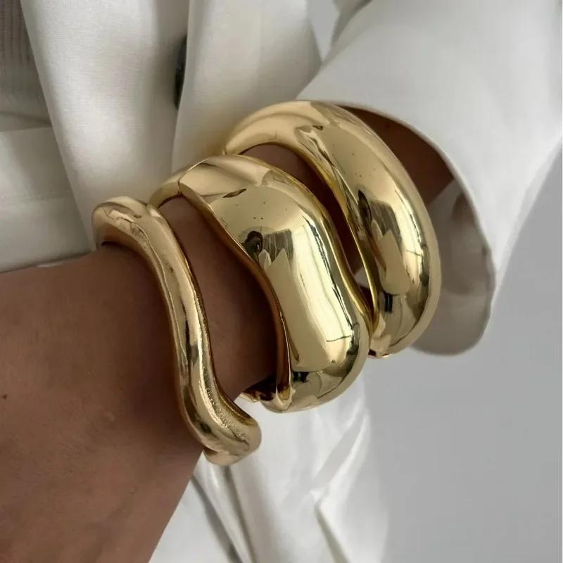 Exaggerated Wide Cuff Bangles Punk Gold Silver Color Geometric Metal Large Bangles for Women Bracelets Men Luxury Jewelry Gift
