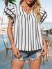 Women's Vertical Striped Blouse V Neck Ruffle Sleeve Pleated Trim Summer Top