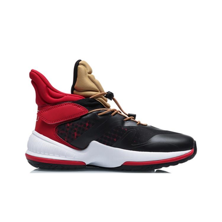 Li Ning Kids High-Top Basketball Shoes Non-Slip Shock Absorbing Wear-Resistant Kids Sneaker Black Red YKBQ036-9