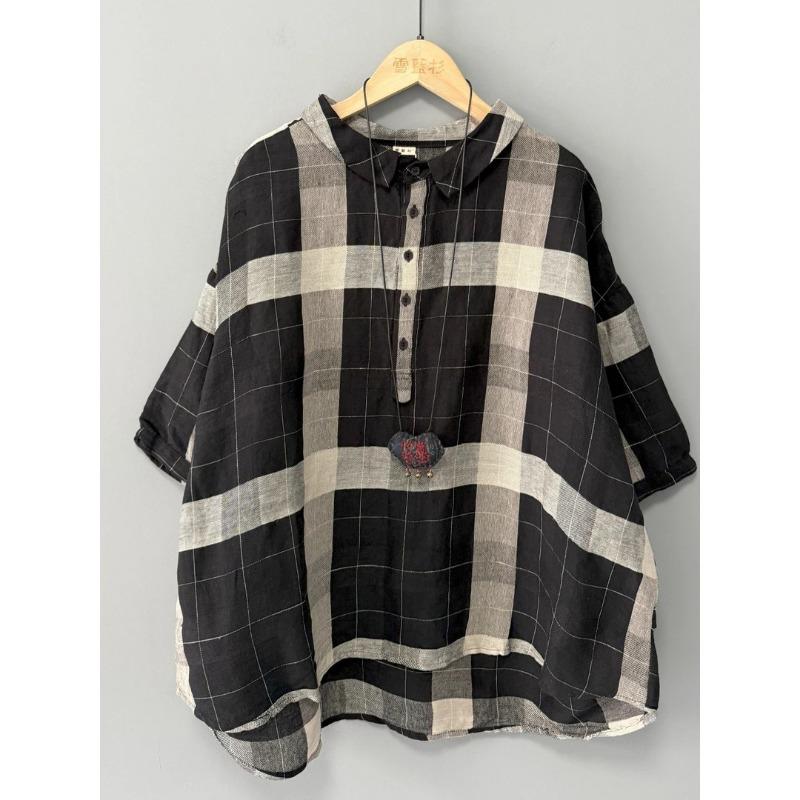 

Womens Casual Plaid Print Lapel Neck Half Button Batwing Sleeve Loose Blouse M чёрный