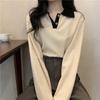 Women's Polo Collar Long Sleeve Color Block Ribbed Top Loose Fit Elegant Commute Basic T-Shirt