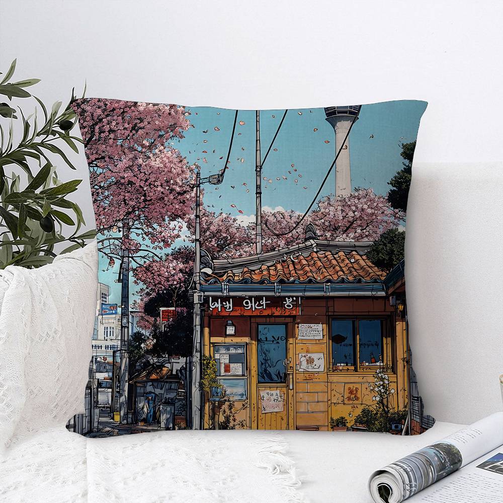 

Japanese Street Scenery Sakura Pillow Cover Design Cushion Cover Decor Holiday Decorati 12x12Inch