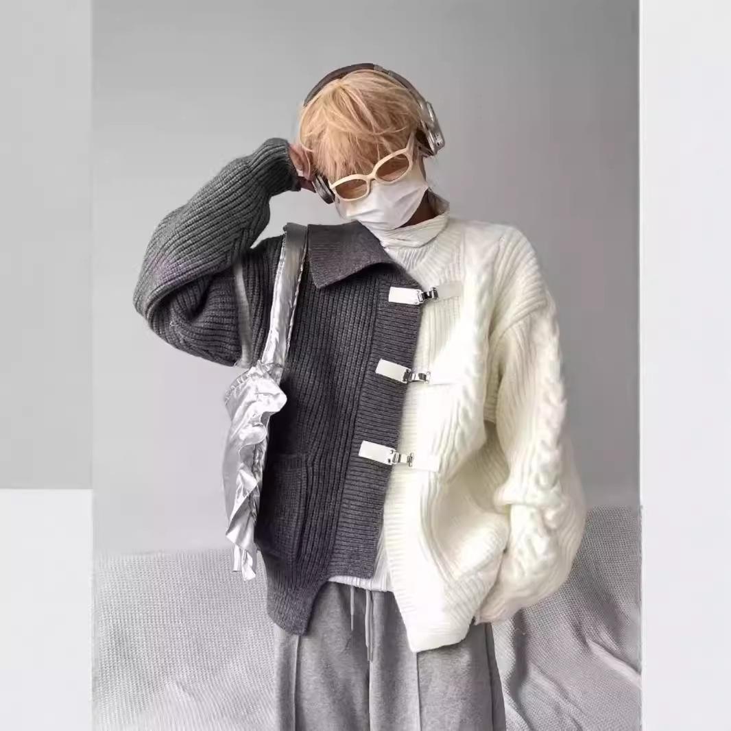 Niche Design нерегулярный контрастный цветной свитер для мужчин и женщин свободный деконструированный металлизированный вязаный кардиган M 4360₽