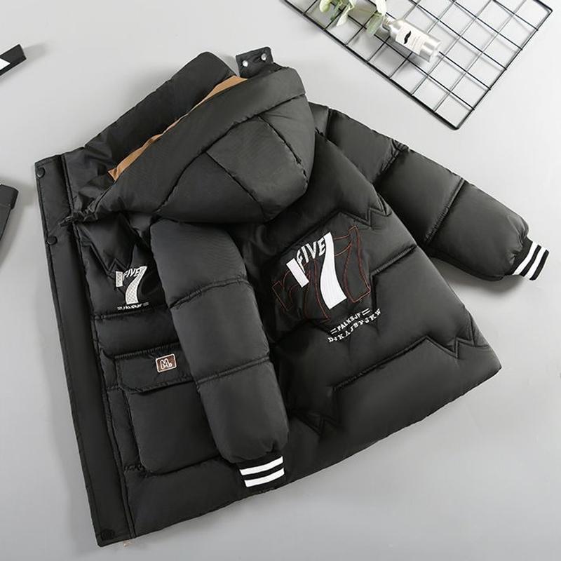 

Зимняя подростковая куртка для мальчиков с принтом буквы 7, на подкладке из бархата, толстая, теплая, с капюшоном, на молнии, куртка-парка для детей 6-14 лет, хлопковая верхняя одежда 110 чёрный