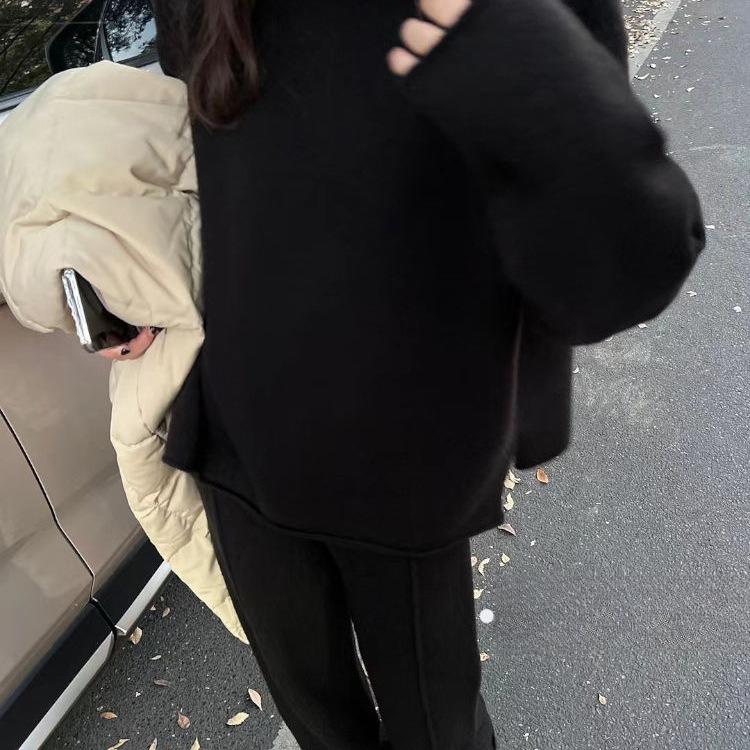 Korean Style Soft and Lazy Style Knitted Suit Autumn and Winter Gentle Round Neck Pullover Sweater Wide Leg Pants Two-piece Set for Women
