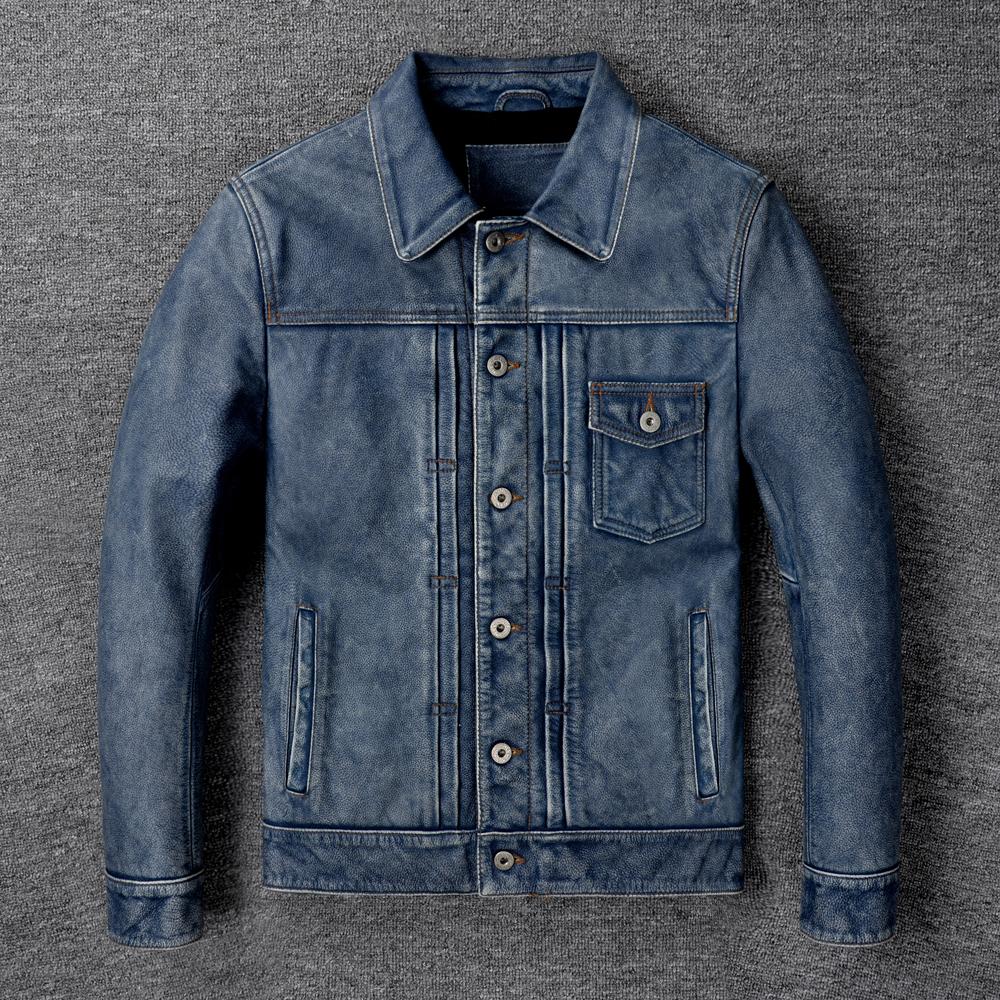 Classic 506 Style Genuine Cow Leather Jacket For Men Blue Black Natural Goatskin Coat Man  Slim Fit Soft Male Clothes Autumn