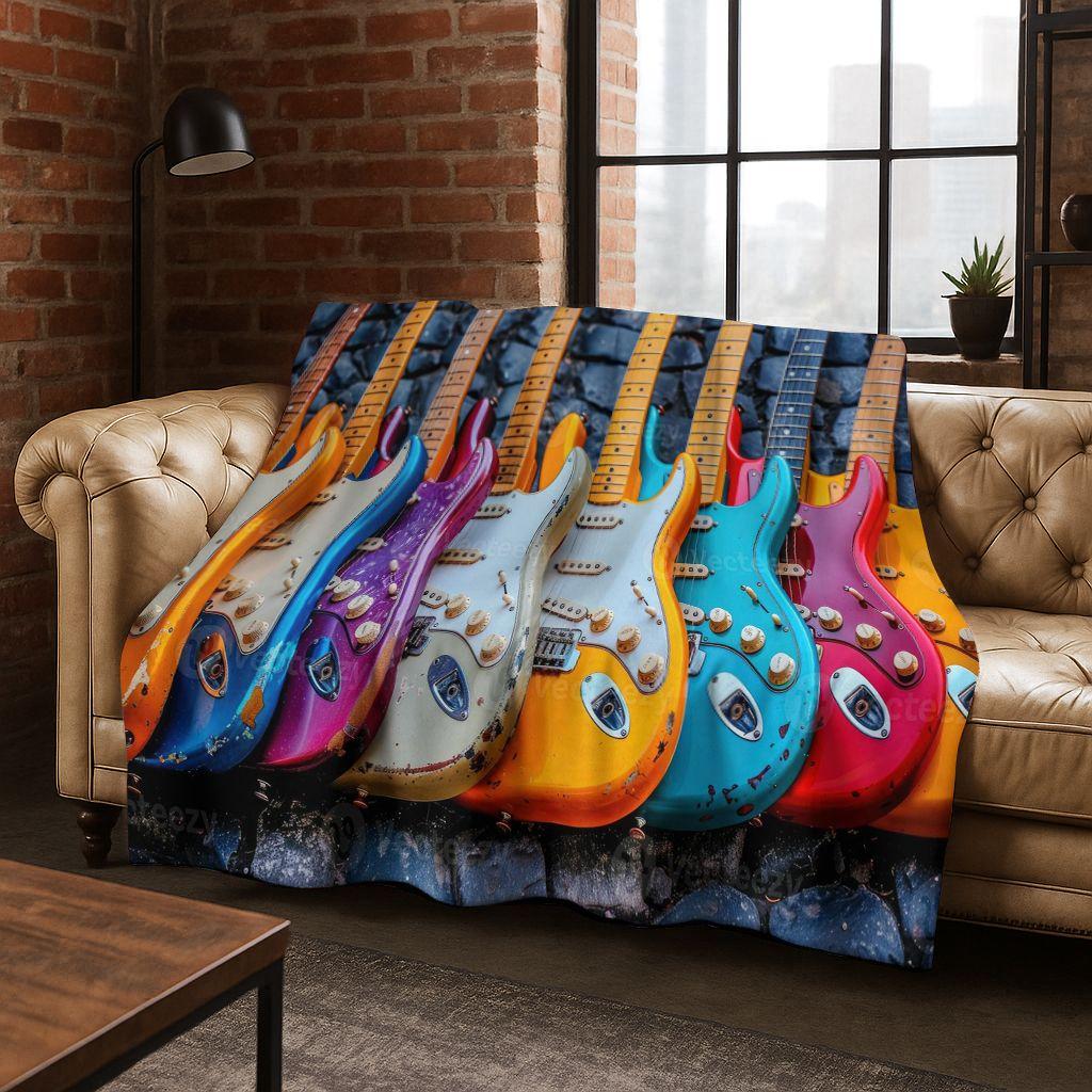 Fashion Fender Logo Guitar Music Instruments Art Flannel Blanket,Cozy Soft Throw Blanket for Home Bedroom Bed Sofa Cover Gift