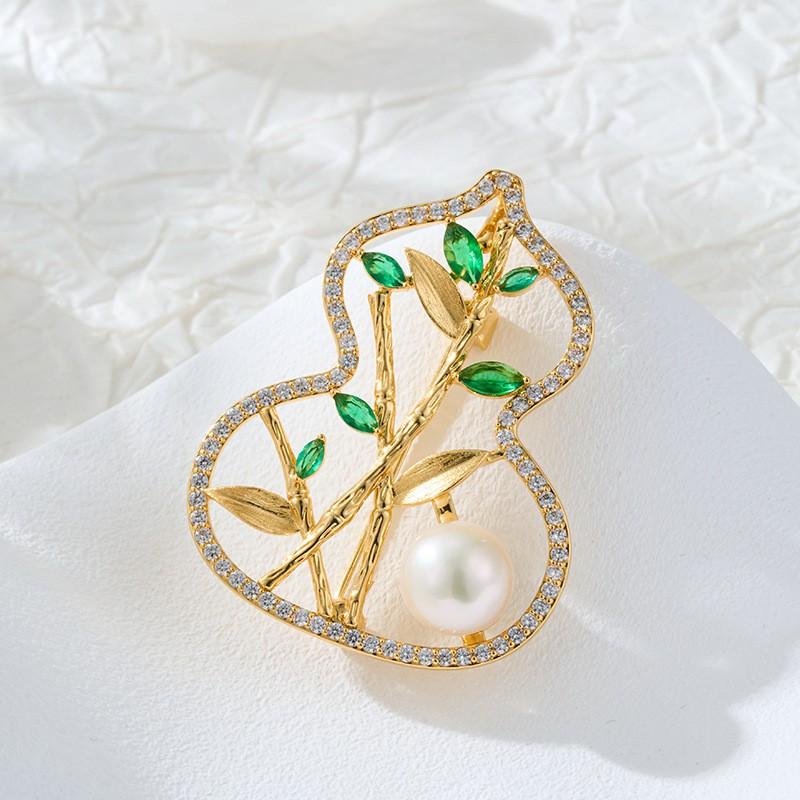Elegant Hollow Gourd Brooch With Zircon Freshwater Pearl Gold-Plated Copper Alloy Pin Men Women
