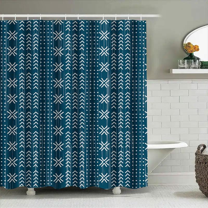 Blue White Geometric Shower Curtain Waterproof Bathroom Decor 3D Printed Bath Mat Set Home Decoration Solid Colors Window Curtai