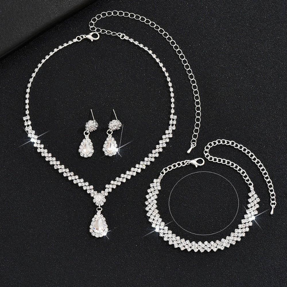 Zircon Necklace Earring Set Luxury Rhinestone Bracelet Trendy Bridal Jewelry Set  Wedding