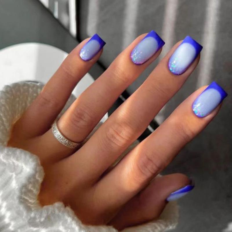 24 Stück Rosa Französische Spitze Kurze Quadratische Falsche Nägel Mit Kleber Glitzer Acryl Vollabdeckung Künstliche Nagelspitzen