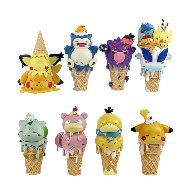 8pcs/set Pokemon Action Figure Decor Ice Cream Toys Monster Pikachu Gengar Snorlax Slowbro Psyduck PVC Figure