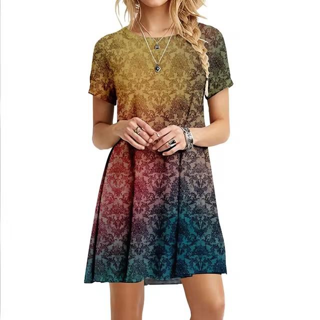 Elegant Short Sleeve 3D Print Dress Beach Summer Midi Dresses