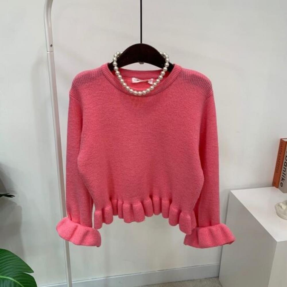 C S In The Room Lotik Round neCk Frill Crop Long Sleeve Knit 3Color