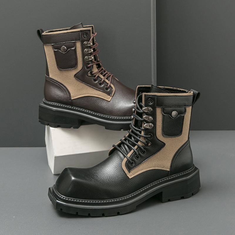 Fashion Mens Leather Business Boots Fashion YoungWaterproof Trendy Thick Bottom Boots Man Luxury Square Head High Top Gentleman Shoe
