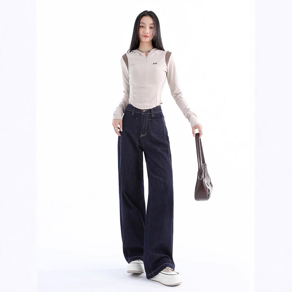 Women's High-Waisted Dark Blue Wide-Leg Jeans - Autumn 2024 Slimming Loose Drape Straight-Leg Pants