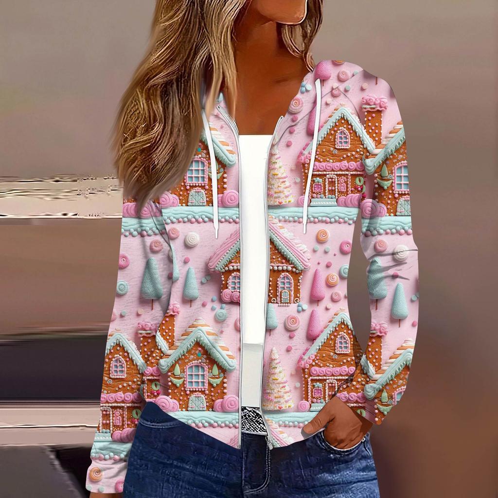 Women's Fashion Christmas Print Casual Zip-Up Long-Sleeved Hooded Jacket