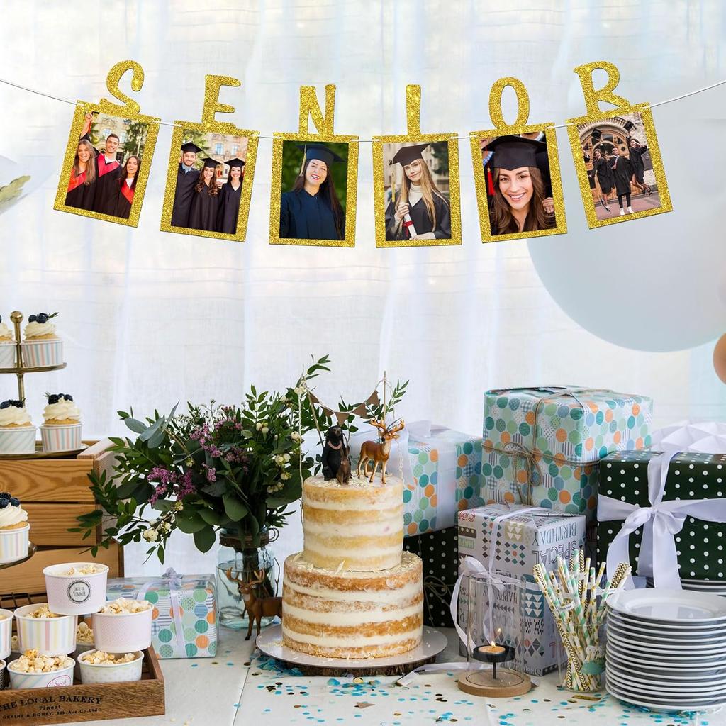Senior Photo Banner Congrats Grad Paper Photo Frame High School College Graduation Bunting Decorations Congrats Senior Picture Banner Gold Glitter