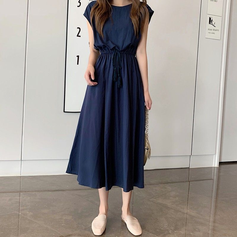 Summer Korean Style New Solid Artistic Student Waist Hugging round Neck Loose Mid-Length Sleeveless Dress Women Dress