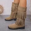 Comércio exterior novas botas de camurça europeias e americanas de camada dupla com franjas botas altas de cowboy de salto grosso com zíper lateral para mulheres