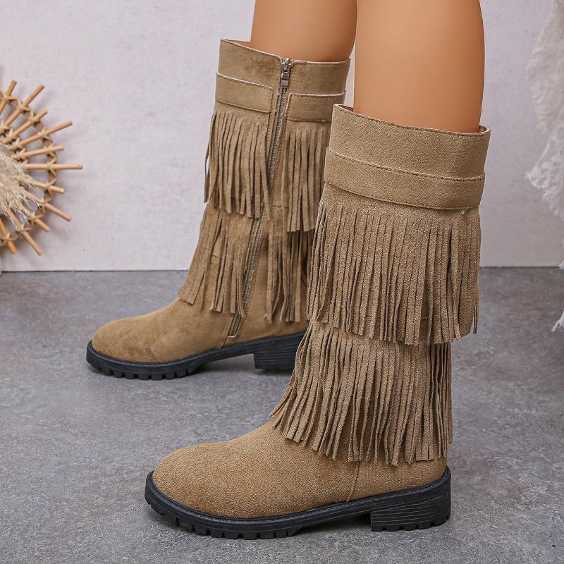 Comércio exterior novas botas de camurça europeias e americanas de camada dupla com franjas botas altas de cowboy de salto grosso com zíper lateral para mulheres