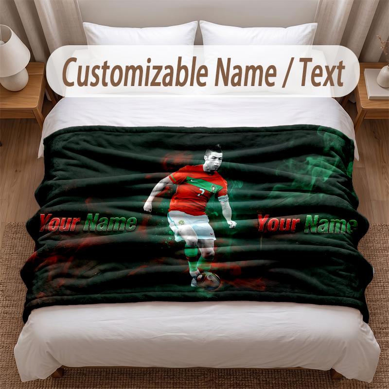Cristiano Ronaldo Printed Flannel Blanket Custom Name Text Soft Warm Throw For Bedroom Holiday Gift