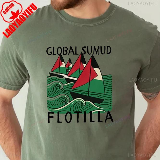 Frieden Global Sumud Flotte Unisex Lässiges Bedrucktes T-Shirt Rundhalsausschnitt Kurze Ärmel Baumwolle Oberteil Alle Jahreszeiten Mode Weiches Kurzarml