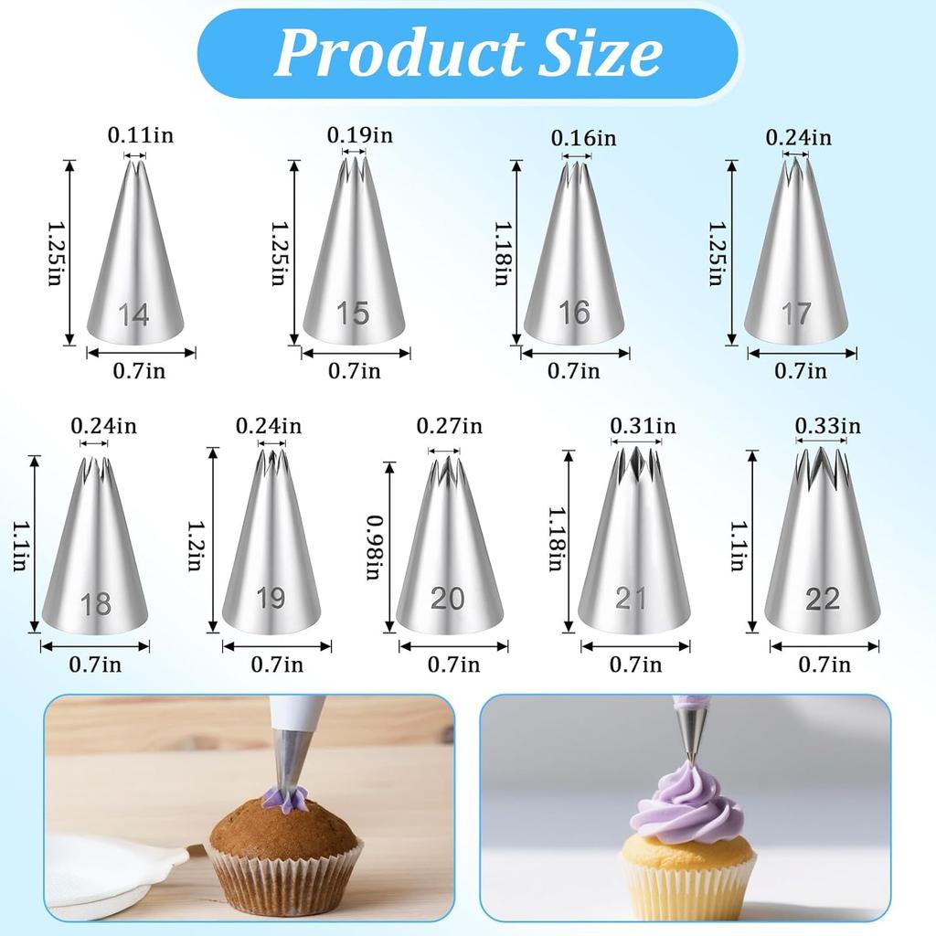 JIEYAO 9 Piece Stainless Steel Star Piping Tips Set, French Open Star Tube Frosting Nozzle Kit Pastry Decorating Tips for Cupcakes Cakes Cookies