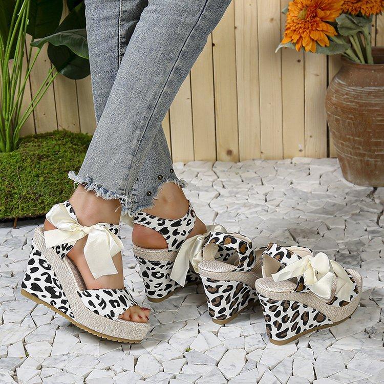 Large Size Leopard Print Wedge Sandals Summer New European and American Bow Round Head Height Increase Women's Shoes