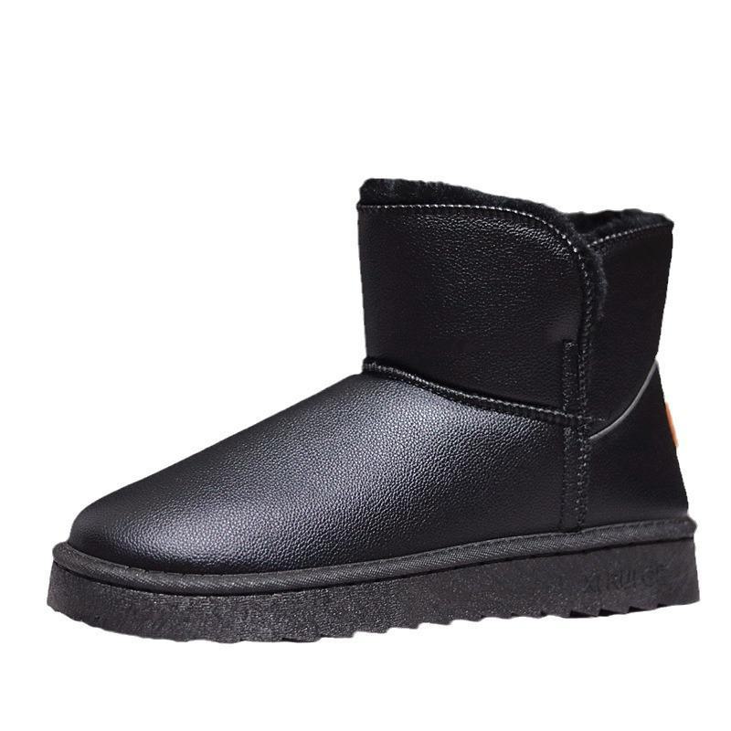 "2024 Winter Korean Style Warm Cotton Mid-Tube Snow Boots for Women & Men - Trendy Leather, Thickened Flat Bottom"
