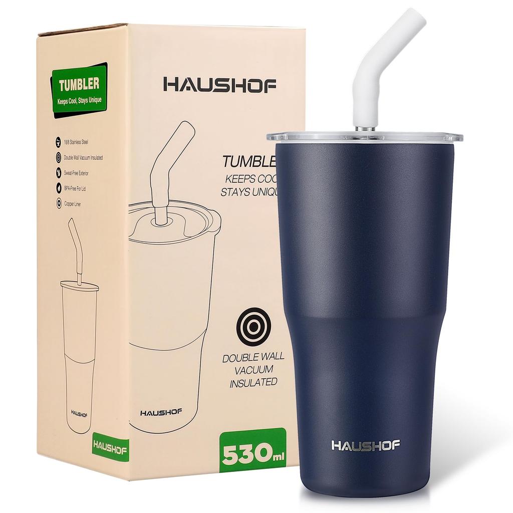 HAUSHOF 530ml Stainless Steel Tumbler with Straw and Lid, Coffee Cup, Water Bottle, Mug, Coffee Tumbler, Double-Walled Wall, Vacuum Insulated,
