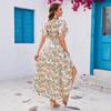 European and American summer new printed V-neck ruffle edge short-sleeved slim-fitting temperament big swing dress